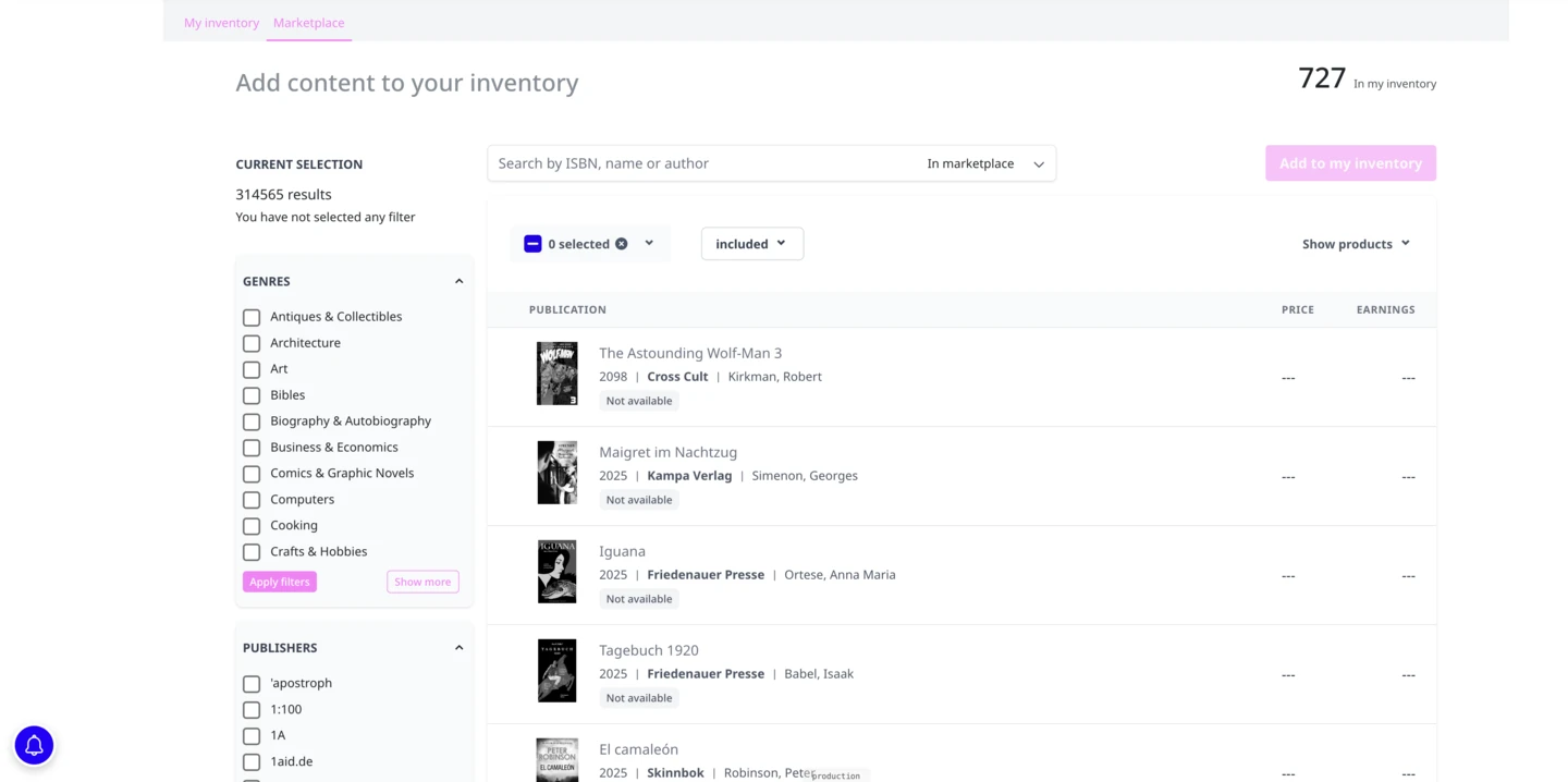 Publica.la marketplace interface showing content inventory management